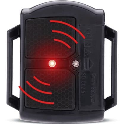 Underside of the black wristband unit marked Snore Stopper SD-C02-5, with a glowing red light and wave graphics