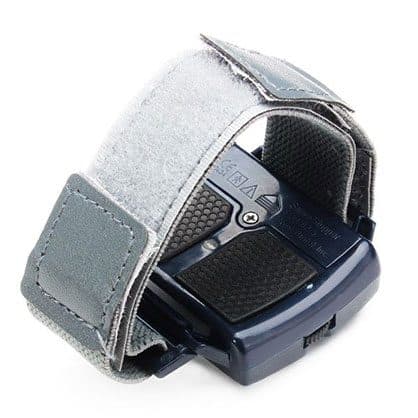Grey fabric hook-and-loop strap fitted to the dark blue wristband unit