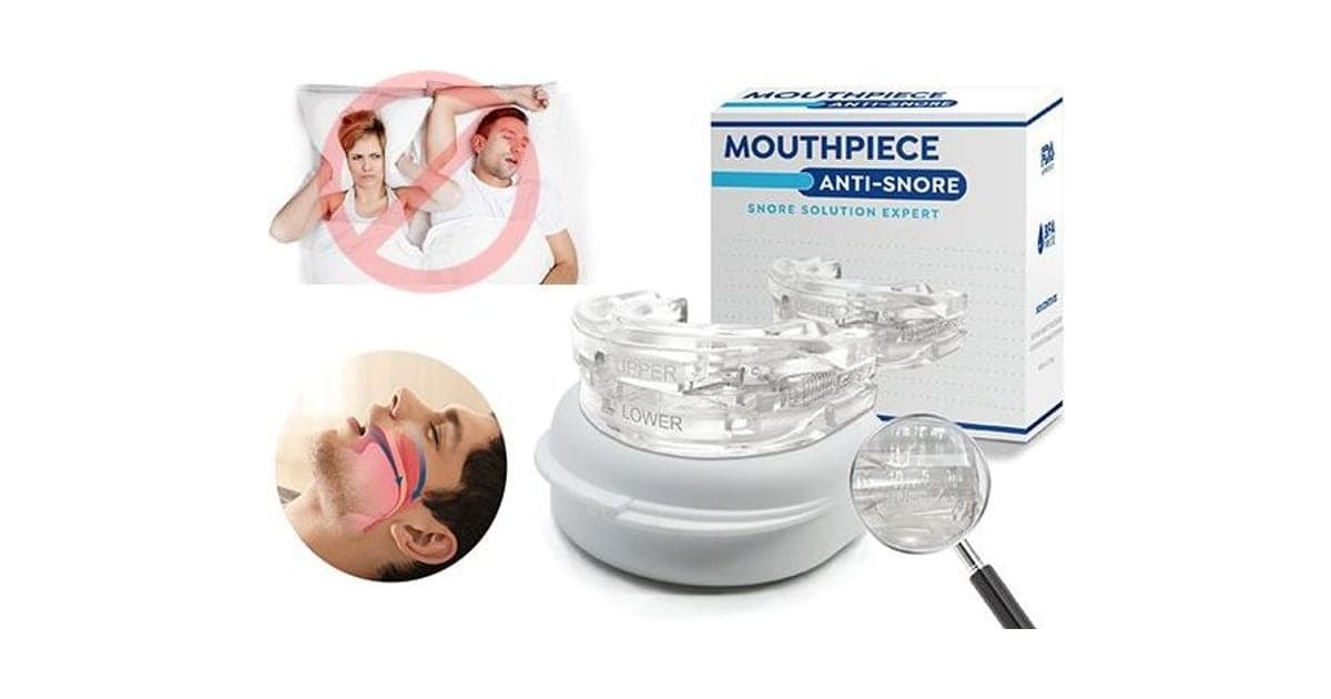 Clear SnoreStop Bite mouthguard marked upper and lower with a side gear, on a white case in front of a box labelled Mouthpiece Anti-Snore