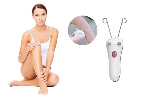 Woman sitting with smooth legs, an inset of the device on skin, and the white SoftEpilator Pro with two wire arms and a pink power button
