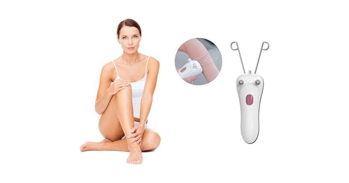 White SoftEpilator Pro threading device with two wire arms and a pink button, beside an inset of it on a leg and a seated woman