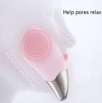 Pink SootheSkin Pro against the outline of a face with vibration lines and the text help pores relax
