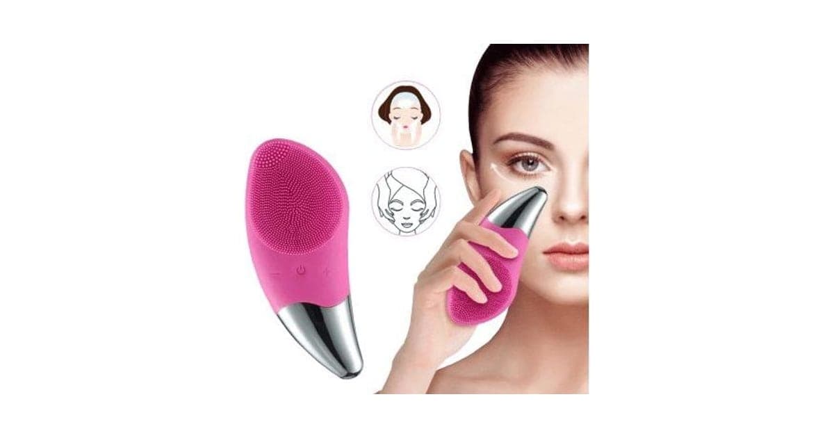 Pink SootheSkin Pro silicone face brush with a metal tip, beside a woman holding it against her cheek and icons for cleansing and massage