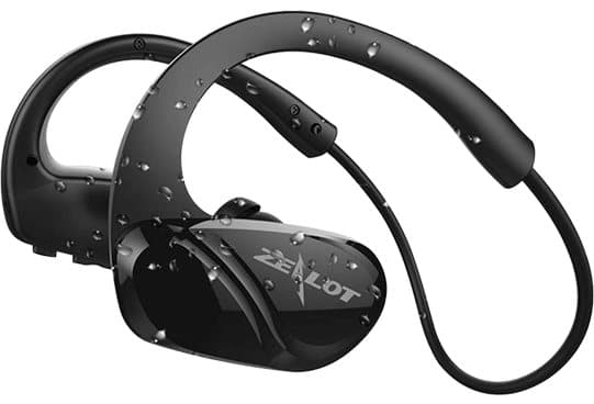 Black SoundPRO Sport ear-hook earphones with water droplets, showing a Zealot logo printed on one earbud