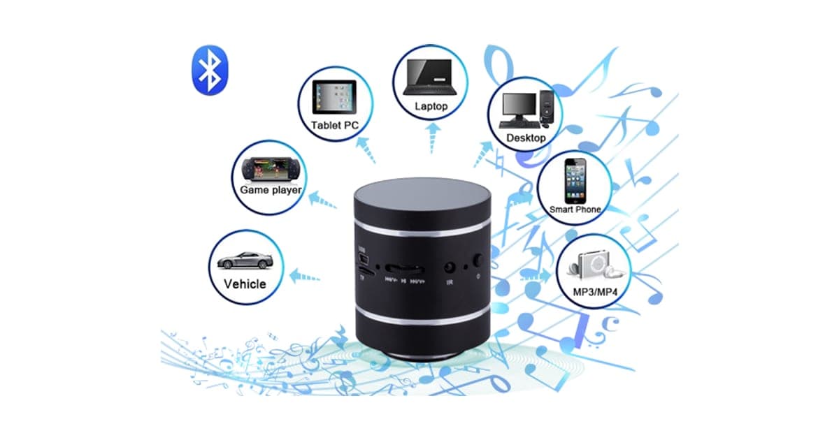 Black cylindrical SpatialSound Edge vibration speaker with silver rings, surrounded by icons of a tablet, laptop, desktop, smartphone, MP3 player and car