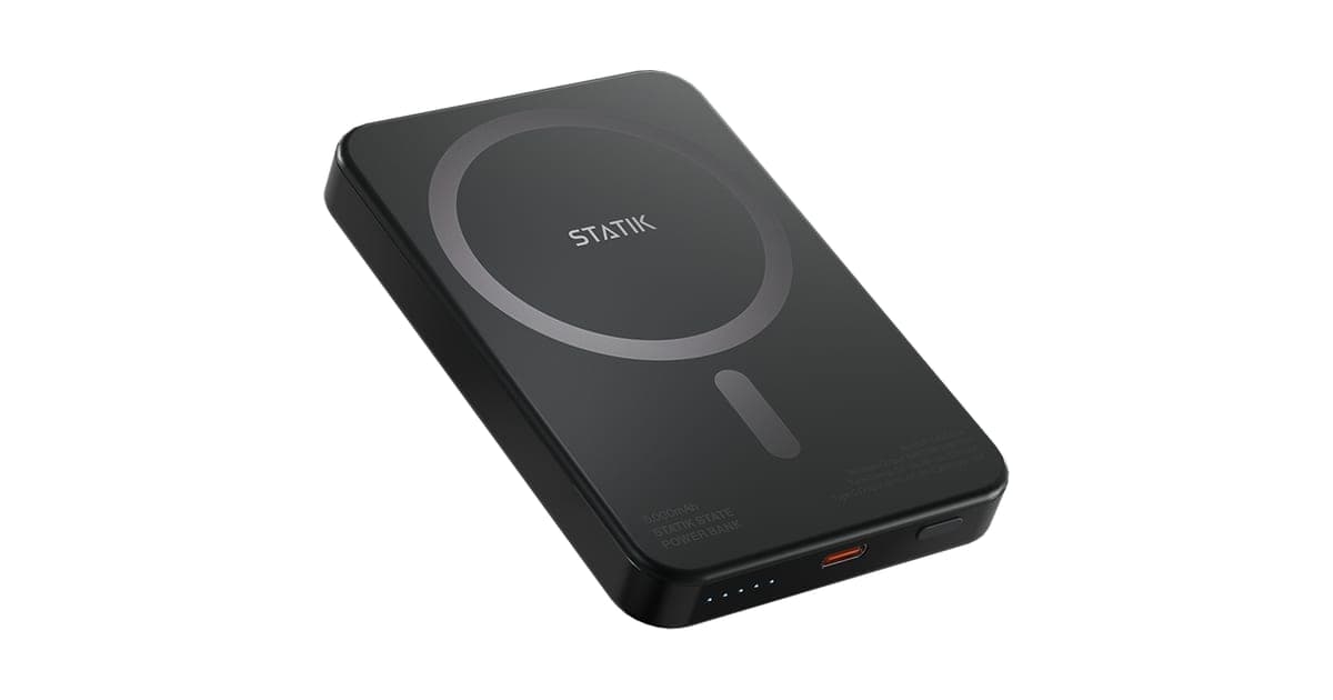 Black Statik State magnetic power bank with a circular MagSafe-style ring, USB-C port and five indicator lights