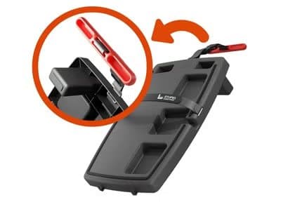 Stupid Car Tray with a close-up of its seat anchor and red quick-release buckle