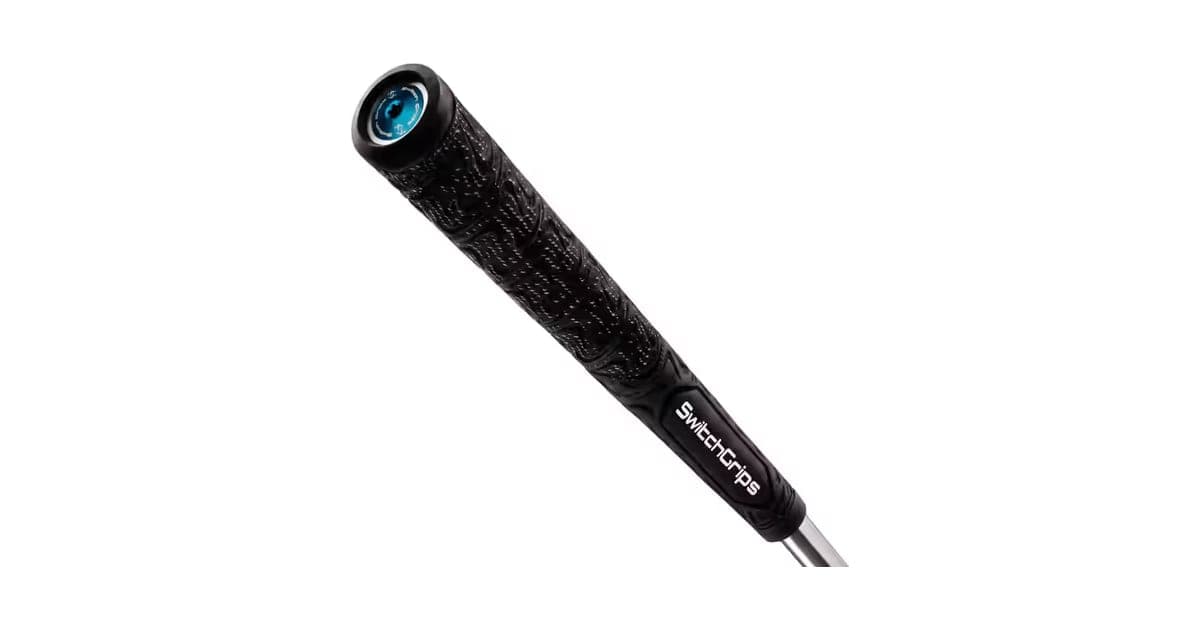 Black SwitchGrips golf grip with a blue aluminium weight in the butt end, on a club shaft