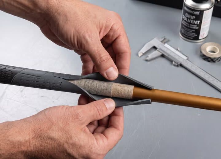 Hands cutting an old grip off a golf club shaft with a blade, beside a can of grip solvent