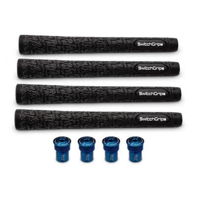 Four black SwitchGrips grips laid out above four blue aluminium weights