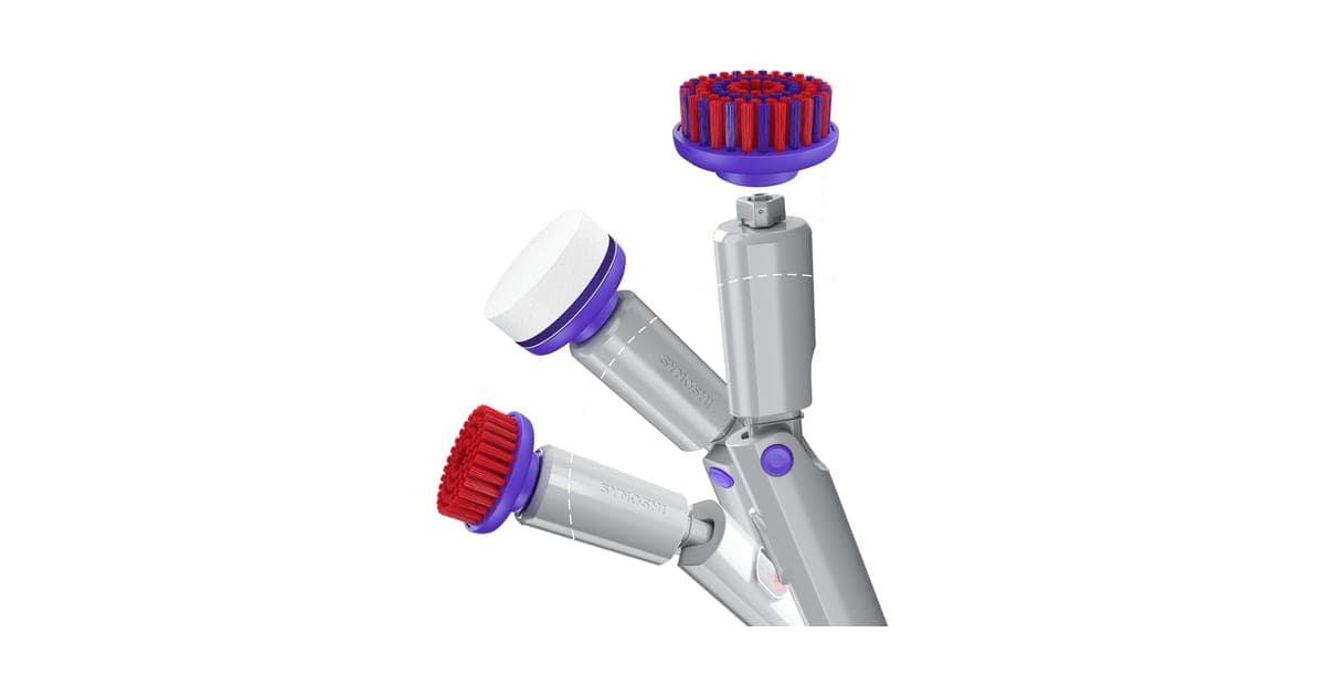 Grey Synoshi Pro cordless spin scrubber shown three times with red brush and white sponge heads and a tilting neck