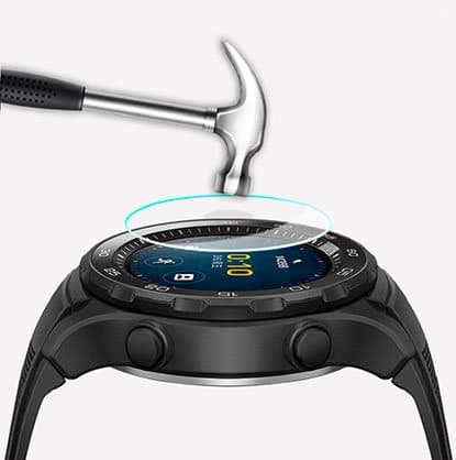 Hammer tapping a smartwatch screen protector, illustrating the 4th Generation Gorilla Glass Upgrade add-on with a different watch