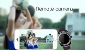 Phone camera screen showing a family photo while a person wears a watch, illustrating the T-Watch Remote Phone Camera Control add-on