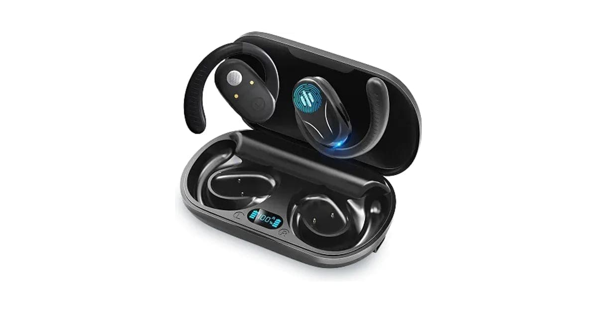 Black Talky AI Buds ear-hook earbuds in an open charging case with a small battery display