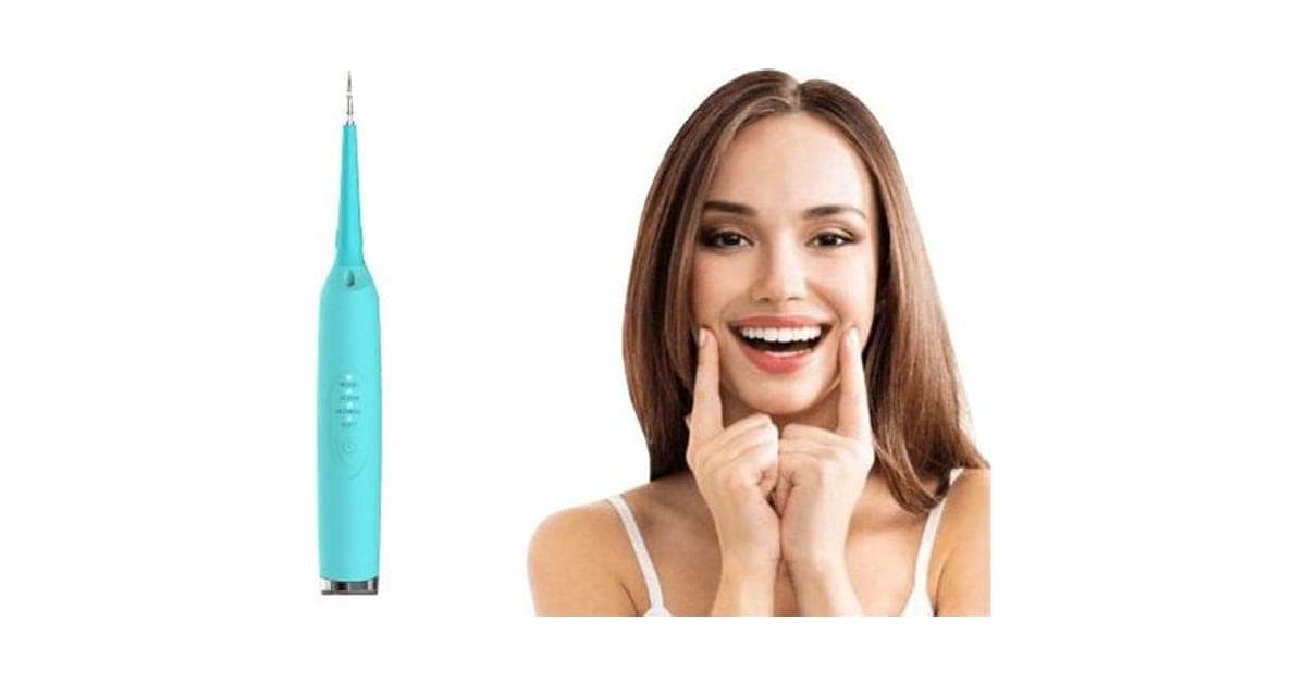 Turquoise TeethShine Pro scaler pen with a thin metal tip and indicator lights, beside a smiling woman pointing at her teeth