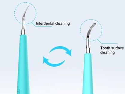 Two TeethShine Pro tips: a thin curved hook labelled interdental cleaning and a flat angled blade labelled tooth surface cleaning