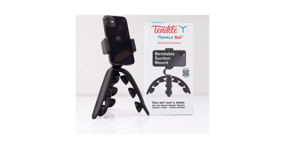 Black Tenikle bendable suction mount holding a phone in front of its retail box
