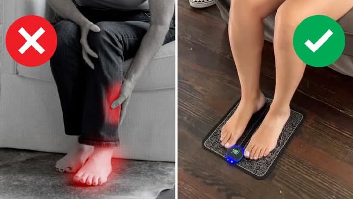 Side-by-side image from the TheraFoot Pro page showing a person holding a painful red ankle and feet resting on the pad