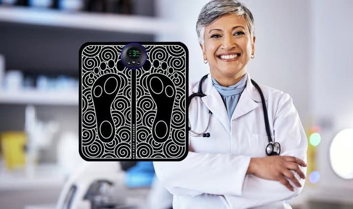 Smiling woman in a white coat with a stethoscope beside a TheraFoot Pro pad, from the product page