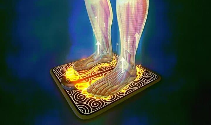 Illustration of legs on a TheraFoot Pro pad with glowing lines rising from the soles to the calves