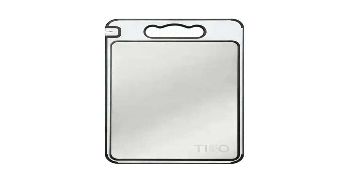 TIBO titanium cutting board with a brushed metal surface, black rim, handle cut-out and TIBO logo