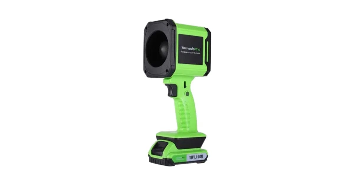 Green and black TornadoPro handheld blower with a square nozzle and an 18V battery in the handle