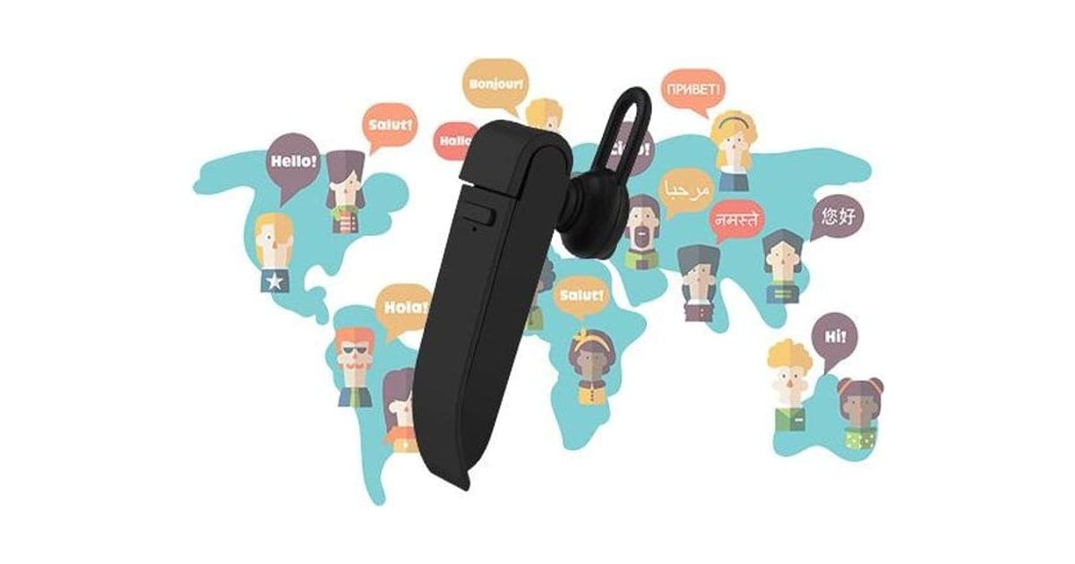 Black TranslateTrek ear-hook earpiece in front of a world map with cartoon people saying hello in many languages