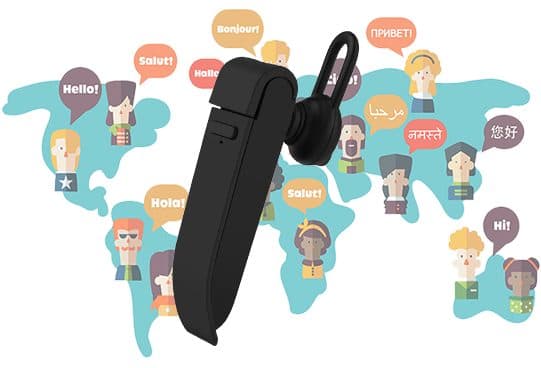 Black TranslateTrek earpiece with a curved ear hook over a map of the world, surrounded by speech bubbles saying Hello, Hola, Bonjour and Salut