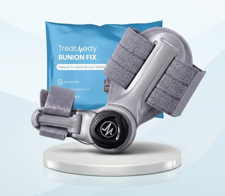 Treatmedy Bunion Fix splint standing in front of its blue package
