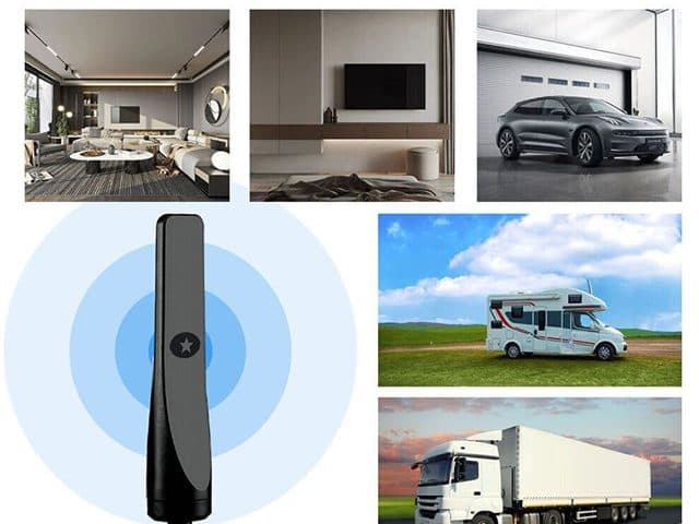 TVMaster Pro antenna with signal rings beside photos of a living room, bedroom TV, garaged car, camper van and truck