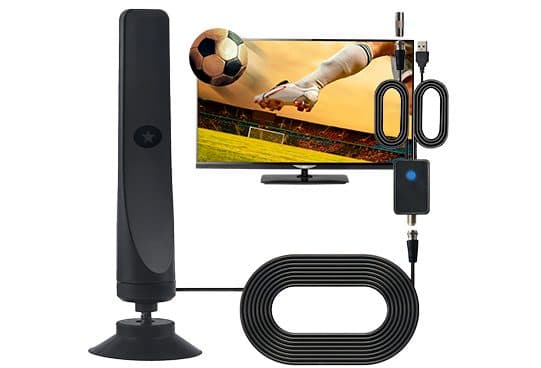 TVMaster Pro antenna with coiled cable, amplifier box, USB lead and coax connectors in front of a TV showing a football match