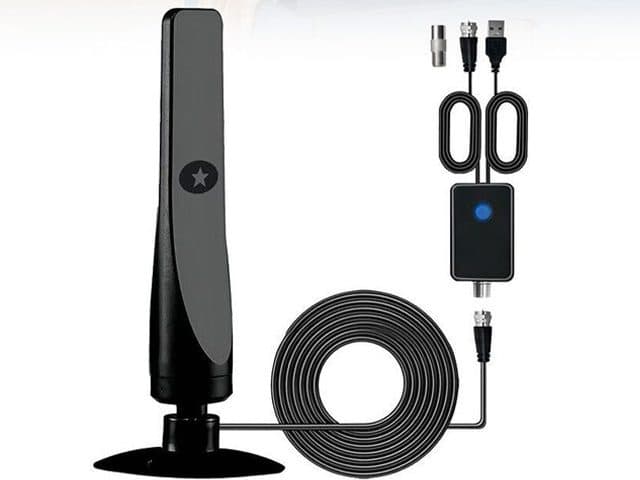 TVMaster Pro antenna on its round base with a long coiled cable, amplifier box with blue light, USB plug, coax plug and a small adapter
