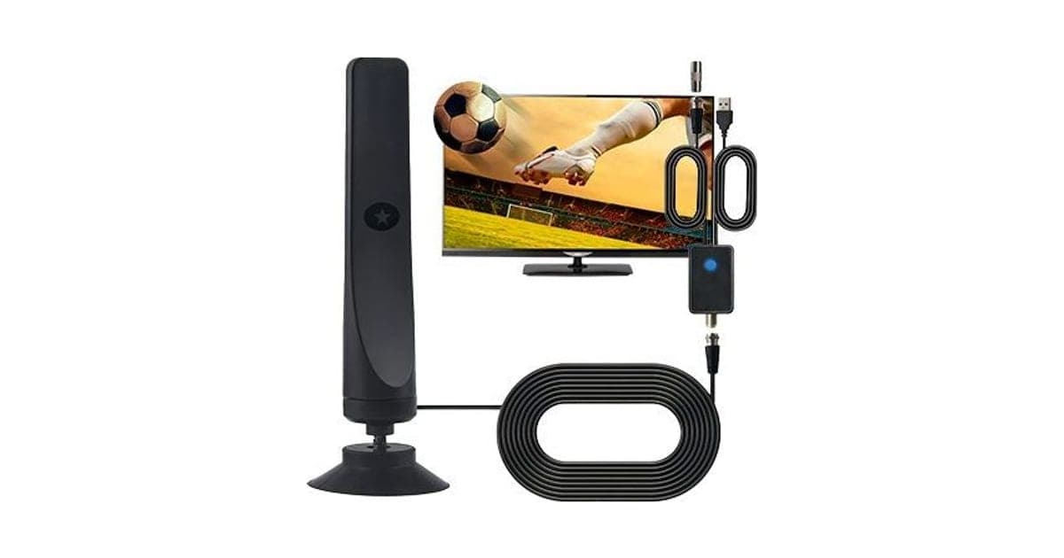 Black TVMaster Pro slim antenna with a star logo on a suction base, coiled coax cable and a small amplifier box with a blue light, beside a TV showing football