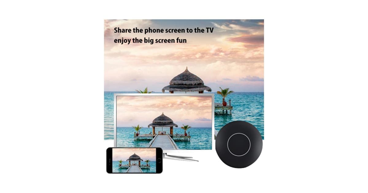 TVShareMax black round dongle beside a TV and a phone showing the same beach hut photo, under the words share the phone screen to the TV
