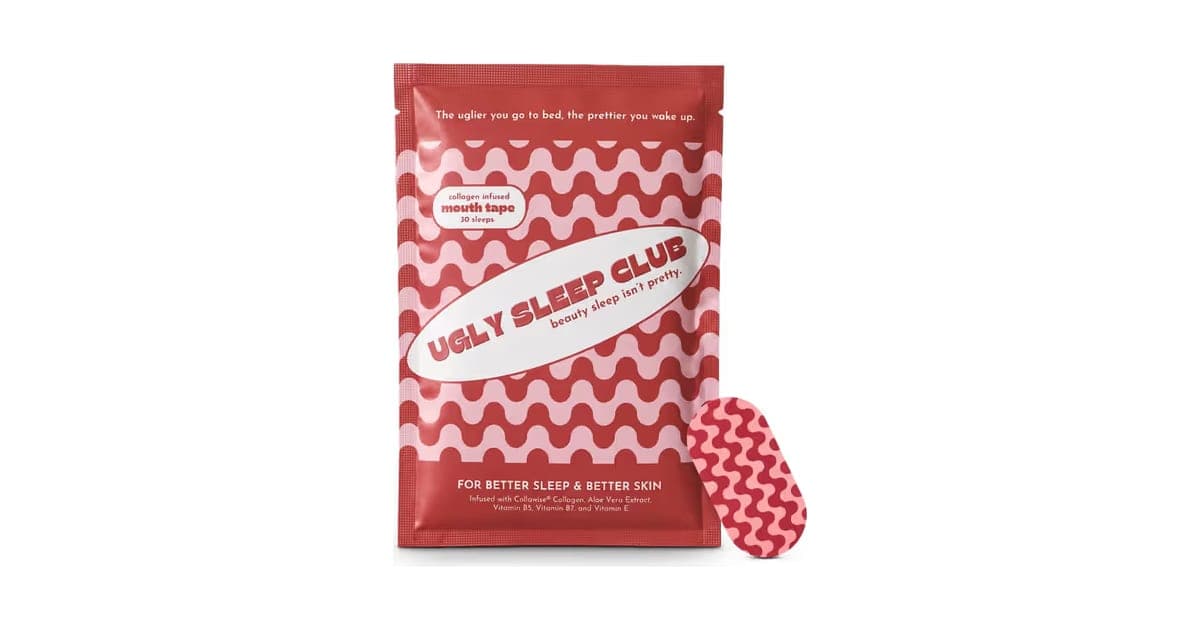 Red and pink wavy-patterned Ugly Sleep Club collagen mouth tape pack with an oval strip beside it