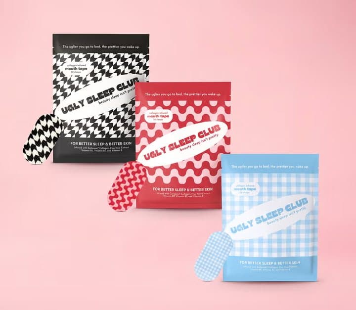 Three Ugly Sleep Club packs in black and white, red, and blue gingham patterns