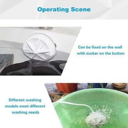 UltraWash Max stuck to the side of a white sink beside dark clothes, and running in a green bowl, under the heading operating scene