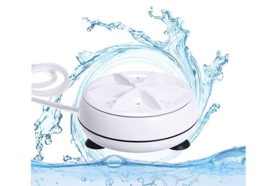 White UltraWash Max puck-shaped washer with a six-blade turbine on top and a white cable, in a swirl of water