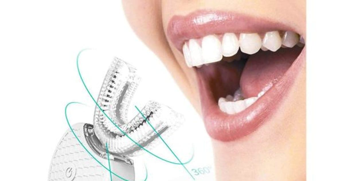 White uSmile Pro U-shaped toothbrush with a clear silicone mouthpiece and 360 degree arrows, next to a smiling open mouth
