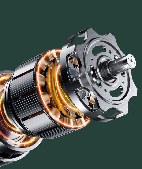 Close-up render of a brushless electric motor with glowing copper windings and a metal rotor, used to illustrate the VacuumGo Pro upgrade