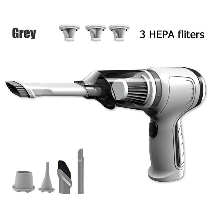 Grey VacuumGo Pro with three spare filters labelled 3 HEPA filters and four nozzles: a wide cup, a cone, a brush head and a crevice tool