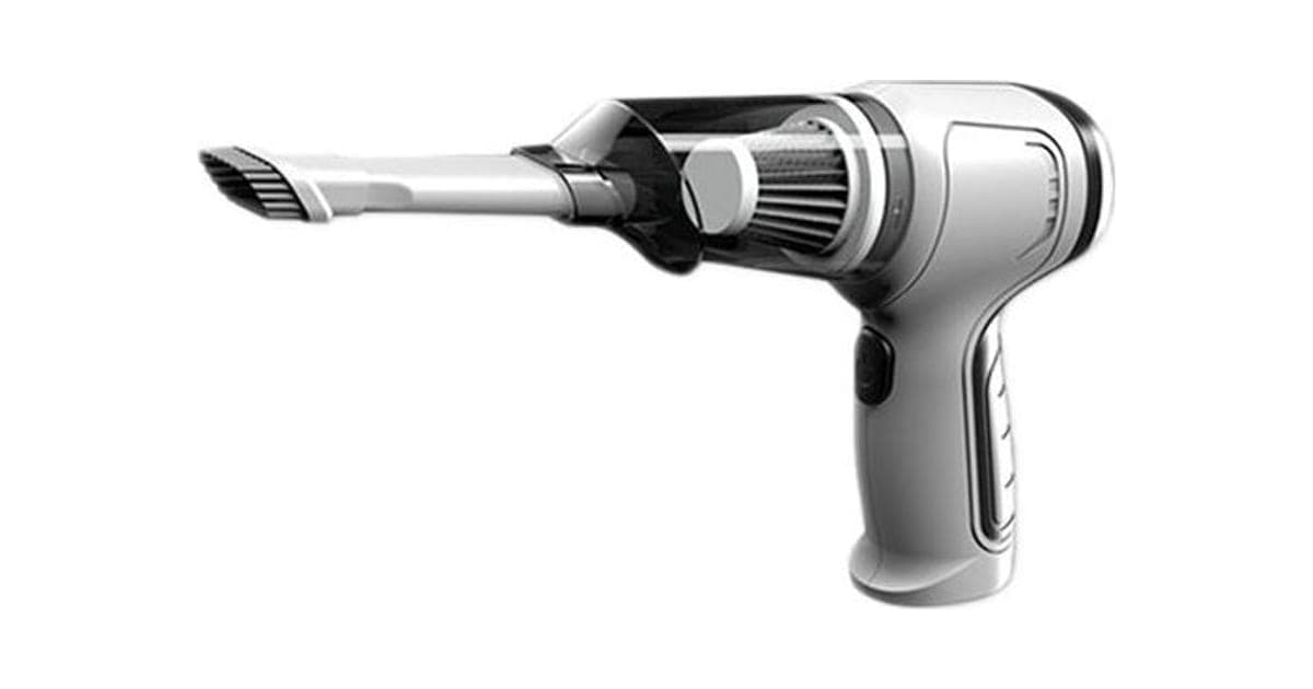 White and grey VacuumGo Pro pistol-grip handheld vacuum with a clear dust cup, cylindrical filter and long crevice nozzle with a brush tip