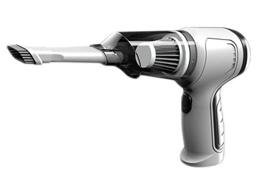 VacuumGo Pro handheld vacuum seen from the side, showing the pistol grip, power button, transparent dust chamber and filter, and long nozzle