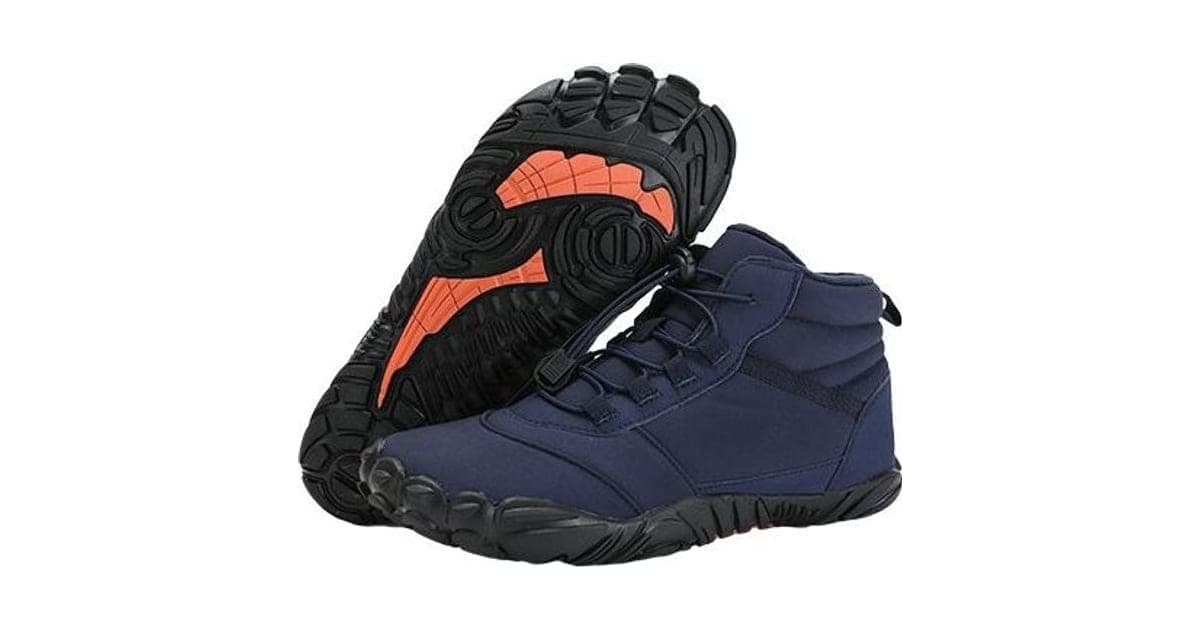 Navy VentureShoes Pro high-top shoes with toggle laces, one showing its black lugged sole with orange inserts and wide, rounded toe shape
