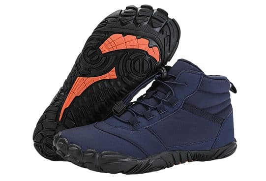 Pair of navy VentureShoes Pro with a wide toe, toggle laces and padded collar, one turned to show a black rubber sole with toe-shaped lugs and orange accents