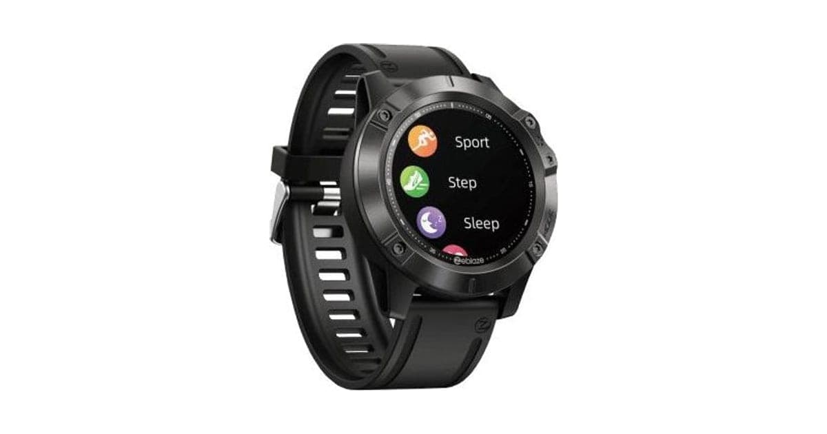 Black Vibes XWatch rugged round smartwatch with a screen showing Sport, Step and Sleep menu icons, on a black strap