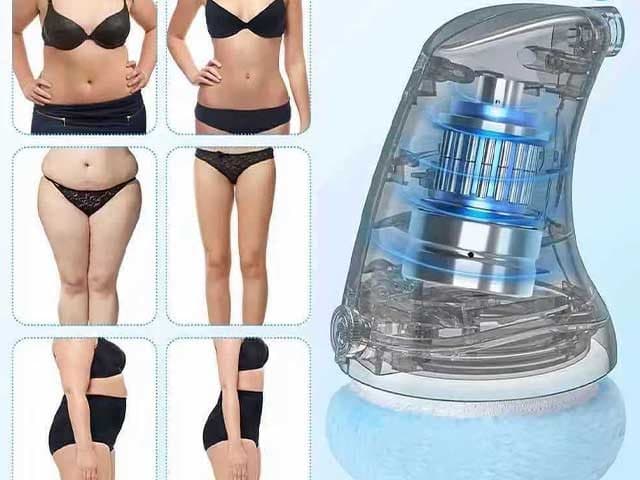 Cutaway graphic of the VibraContour Pro motor beside six before-and-after photos of waists, thighs and stomachs