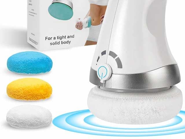 VibraContour Pro massager with a white cloth head beside spare blue, yellow and white heads and a box reading For a tight and solid body