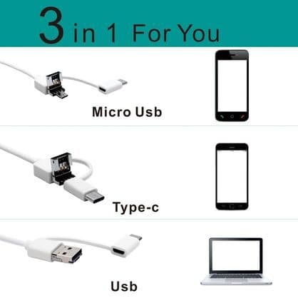 Three white cable ends labelled micro USB, Type-C and USB, matched to two phones and a laptop, under the heading 3 in 1 for you