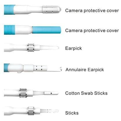 Six probe attachments labelled camera protective cover, camera protective cover, earpick, annulaire earpick, cotton swab sticks and sticks